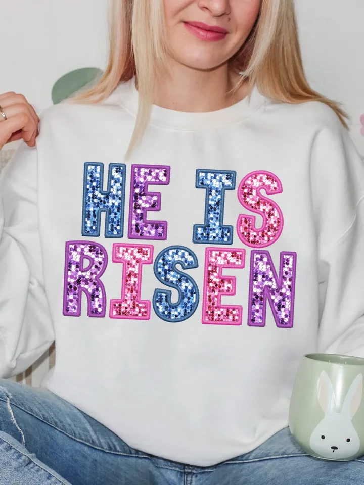 He is Risen PNG, Trendy Easter,Embroidery Sparkly,Faux Sequins Easter christian png, bible verse png, christian easter png,  glitter png