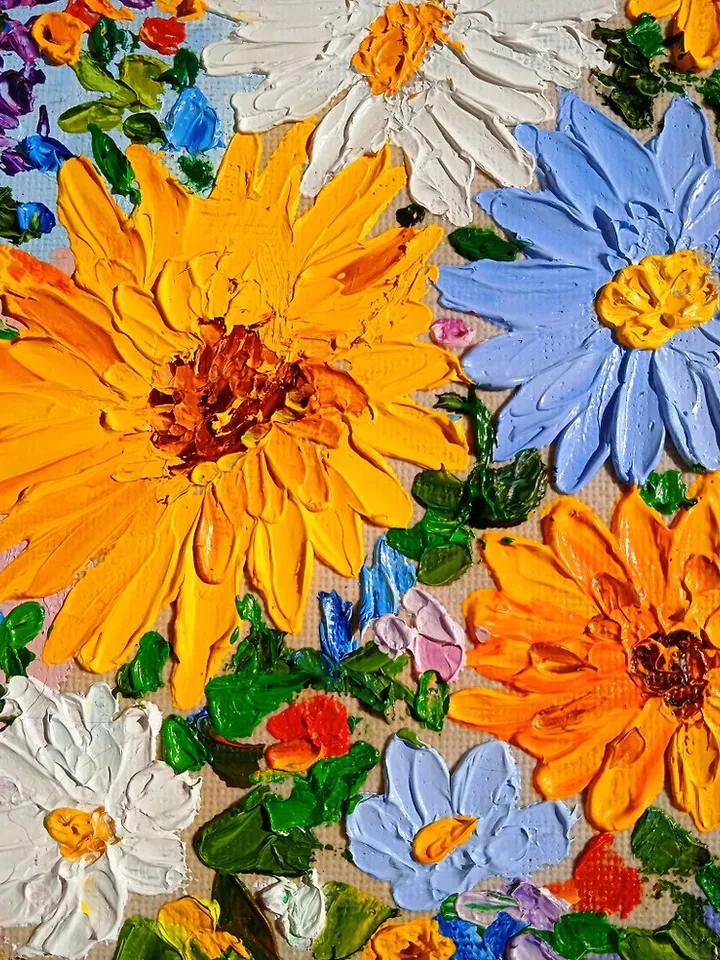 Oil Painting Bright Flowers Chamomile Sunflowers Impasto Art Miniature 18x24 cm