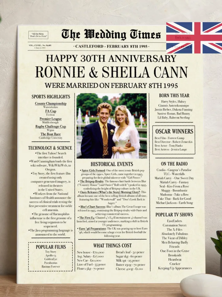 30th wedding Anniversary 1995 Newspaper Photo Poster, 1995 Anniversary, 30th Anniversary Sign, 30th Anniversary Gift Board Anniversary UK