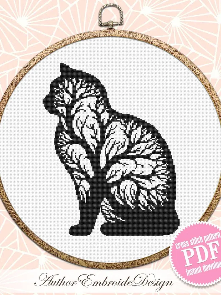 Cat tree silhouette cross stitch pattern PDF download Cat cross stitch chart, Simple pattern digital PDF for beginner, Tree of life cat #K55