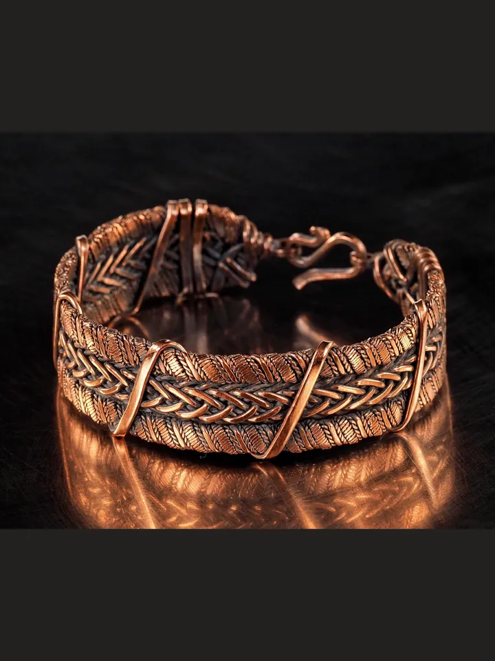 Wire wrapped bracelet, Unique 7th 22nd Anniversary gift idea, Art Nouveau antique style, One of kind braided statement bangle, Handmade oxidized pure copper jewelry, Pain relief, EMF protection