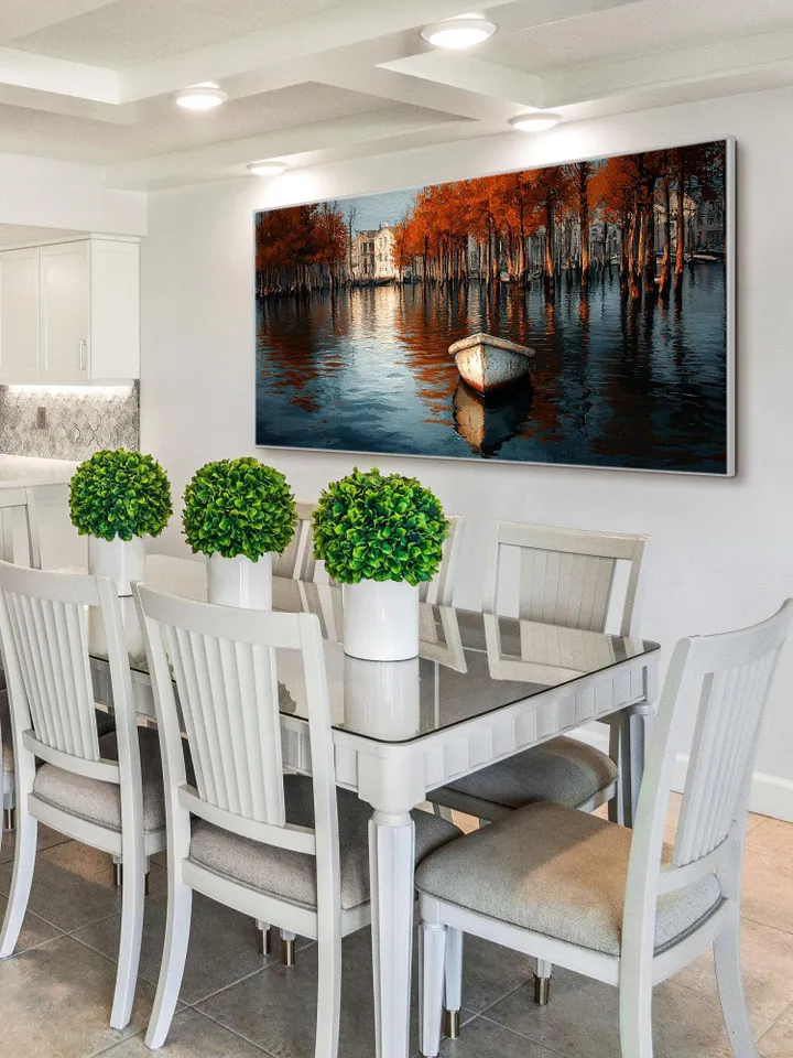 Canal Oil Painting, Autumn Scene Large Wall Art, Boat Painting, Fall Colors Artwork, Cityscape Art, Original Painting, Water Reflection Art