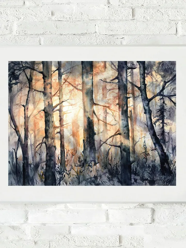 Forest Original Painting Watercolor Sunset Painting Trees Landscape Wall art