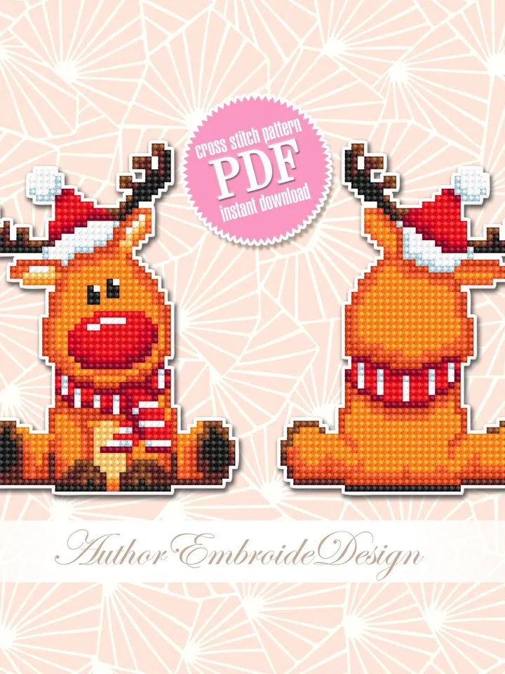 Christmas reindeer cross stitch pattern PDF download Double-sided Christmas tree decor for plastic canvas Small deer cross stitch chart #N99