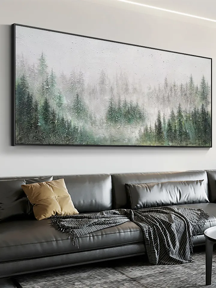 Misty Forest Painting, Textured Landscape Art, Green Forest Wall Art, 3D Canvas Art, Nature Wall Decor, Serene Forest Scene, Panoramic Art