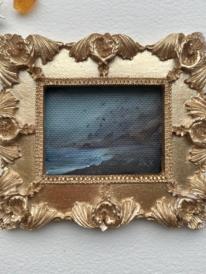 Small Landscape Oil Painting Framed Original Foggy Coast Painting Antique Ocean Art Gold Frame Tiny Paintings 3 x 4 Birds Art