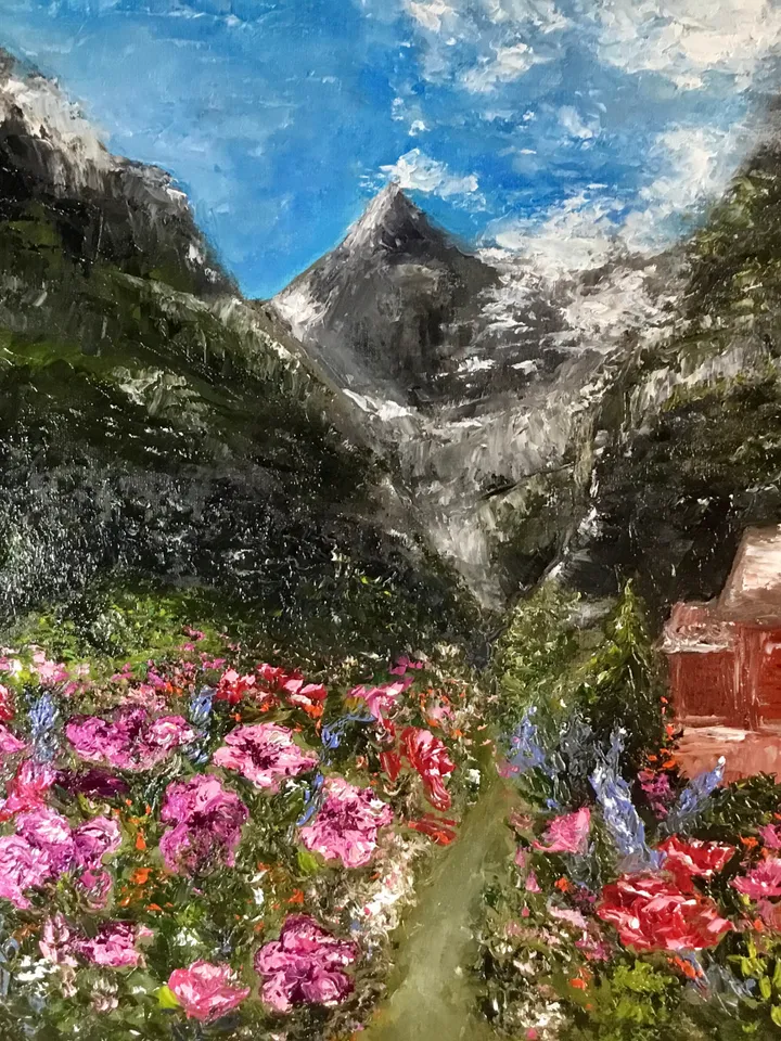 Floral landscape oil painting original, swiss alps and flowers impasto painting.Flowers and mountains painting.Swiss Alps painting.