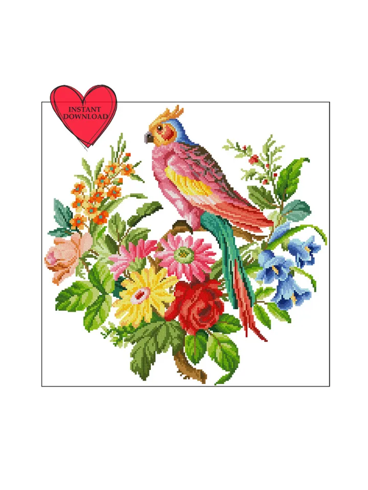 Vintage parrot on flower branch cross stitch pattern retro antique sampler primitive bird flower cross stitch embroidery