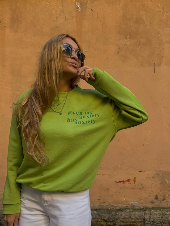 Bright Green Designer Sweatshirt with anxiety print| Funny Sweater | Longsleeve with print | Casual Sweater | Loungewear Sport Wear