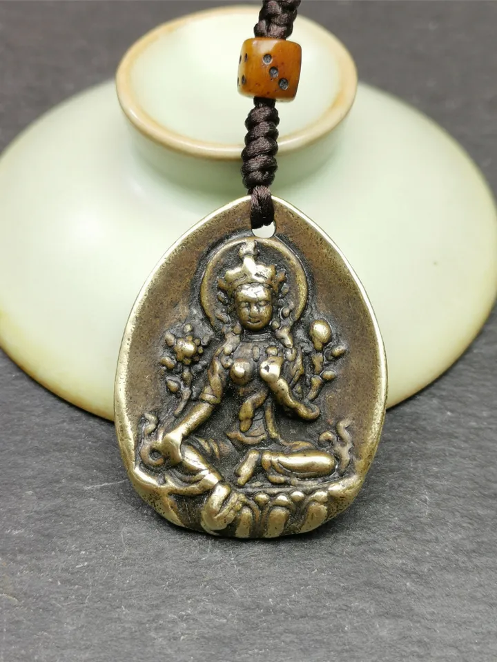 Gandhanra Antique Tibetan Buddhist Protective Amulet,Green Tara Pendant,Jetsun Dolma,Made of Brass