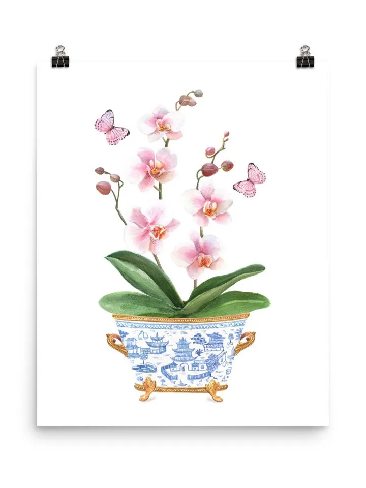 Chinoiserie Vase Orchid Watercolor Painting, Ginger Jar, Blue And White Jar, Pink Flower In Vase, Vintage Chinoiserie, Pagoda Art Print