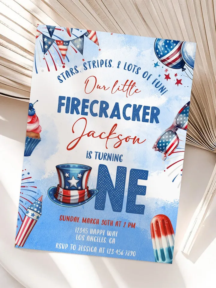 Firecracker 1st birthday invitation, Our little firecracker is turning one invitation, Firecracker invite Editable template - FC001