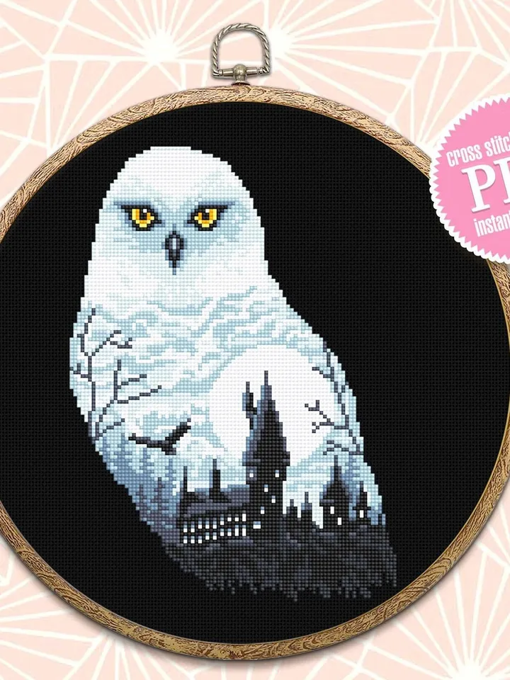 Owl silhouette cross stitch pattern download PDF Magic castle cross stitch Wizard school xstitch chart Halloween moon pattern digital #H32