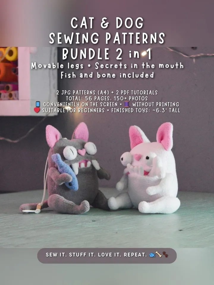 PDF Plush Toy Pattern – Fleece Cat & Dog with Accessories