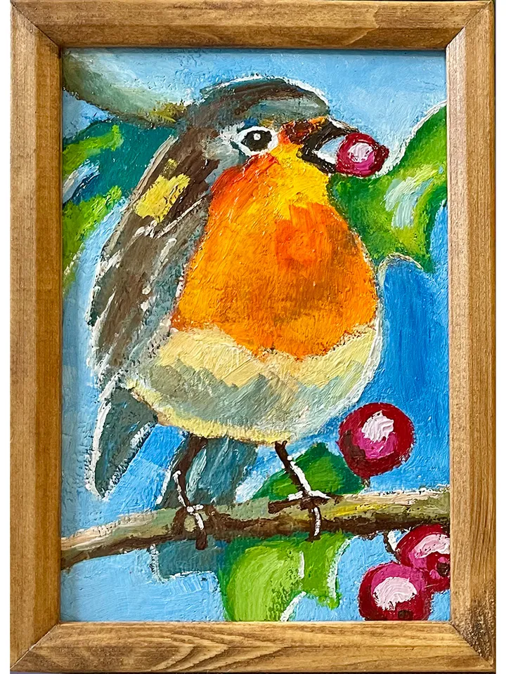 Robin bird painting, original oil painting, Framed animal art