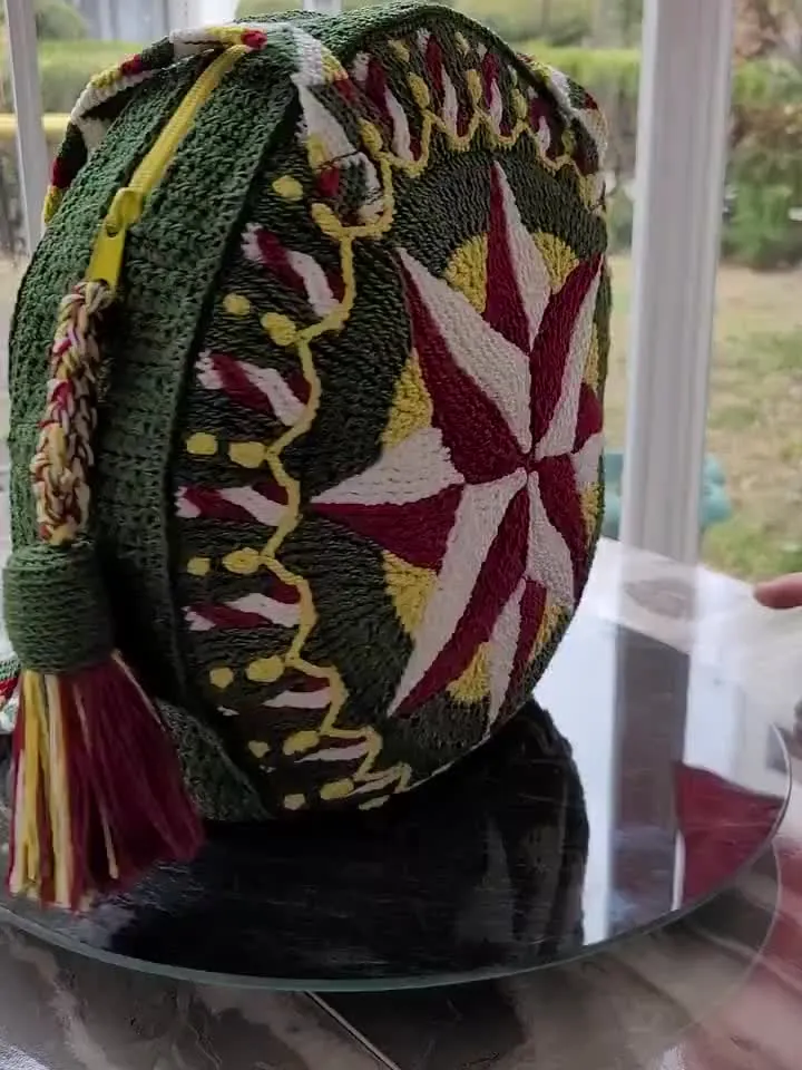 Handmade green backpack Art to wear purse Crochet festival bag Unique crochet bag Crochet bags zipper Kaleidoscope bag Round mandala bag