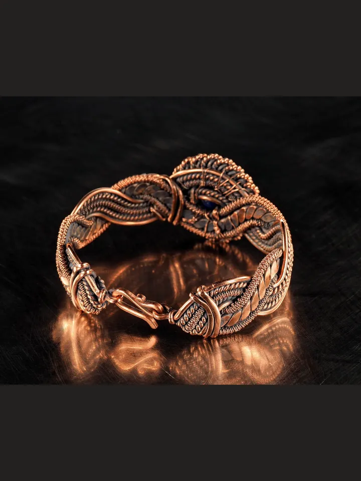 Copper wire wrapped Lapis lazuli bracelet for woman, Statement flower jewelry, 7th Anniversary gift for her woman, Unique copper jewelry, Braided Art Nouveau antique style bracelet, Oxidized pure copper, Handmade