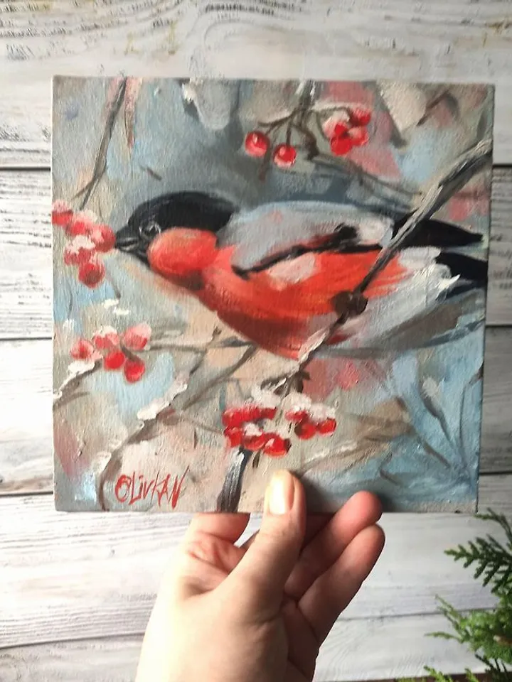 Bullfinch Painting 牛蛙 Original Art Bird Artwork Original Oil Painting