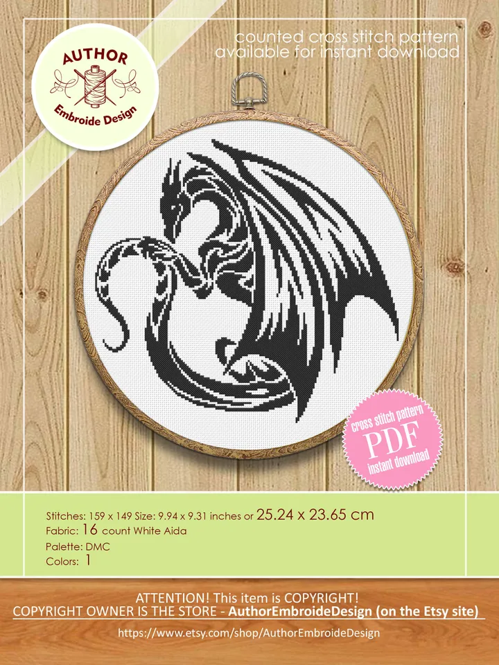 Dragon cross stitch pattern digital PDF Fantasy animal cross stitch chart Instant download PDF Dragon embroidery beginners Home decor #D4