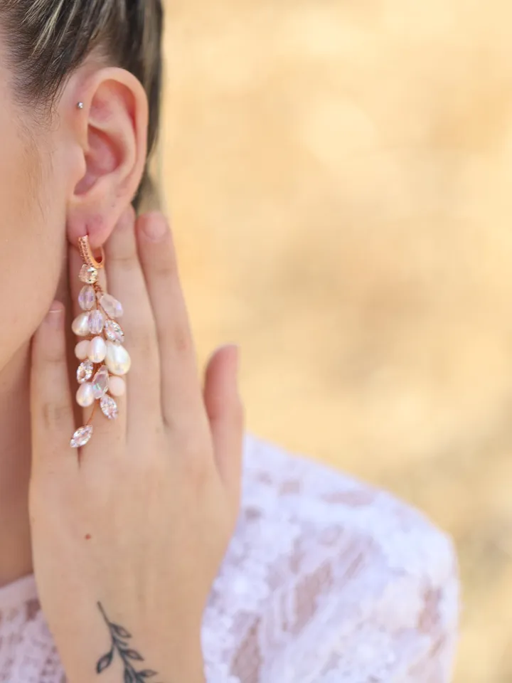 Blush Opal Rose Gold Wedding Earrings, Swarovski Crystal Chandelier Statement Bridal Earrings, Freshwater Pearl Wedding Jewelry For bride,