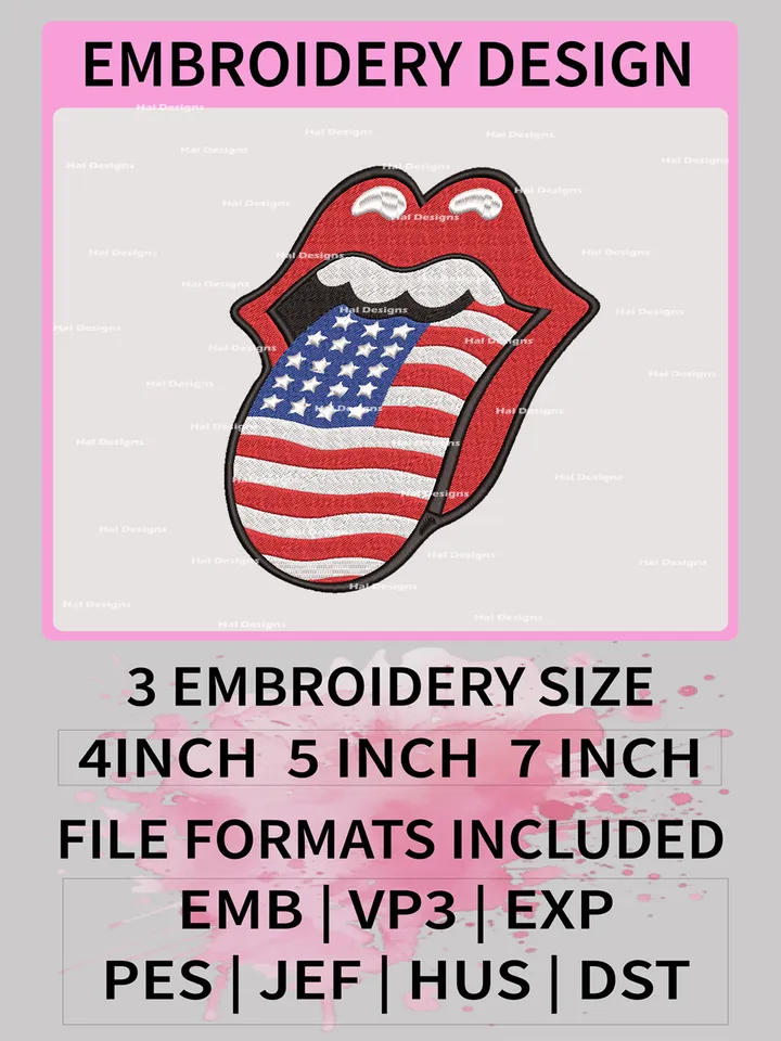 American Flag Tongue Embroidery Designs, 4th of July Machine Embroidery Patte, USA Logo Embroidery File