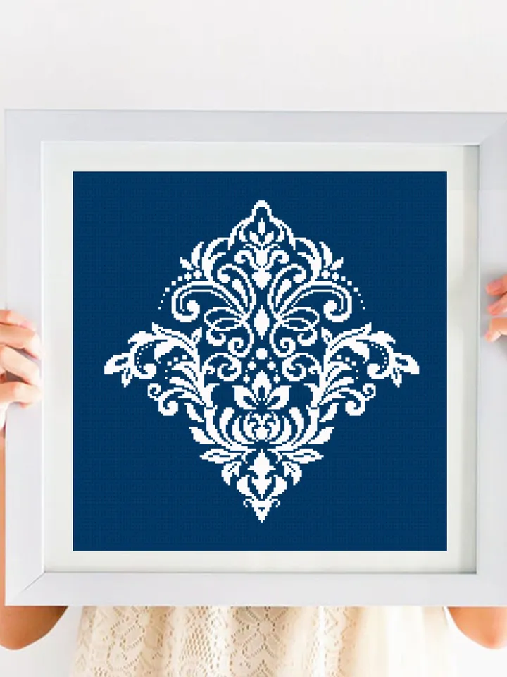 Floral damask ornament cross stitch pattern PDF download Flower mandala cross stitch chart, Floral scroll, Damask pattern digital PDF #M253