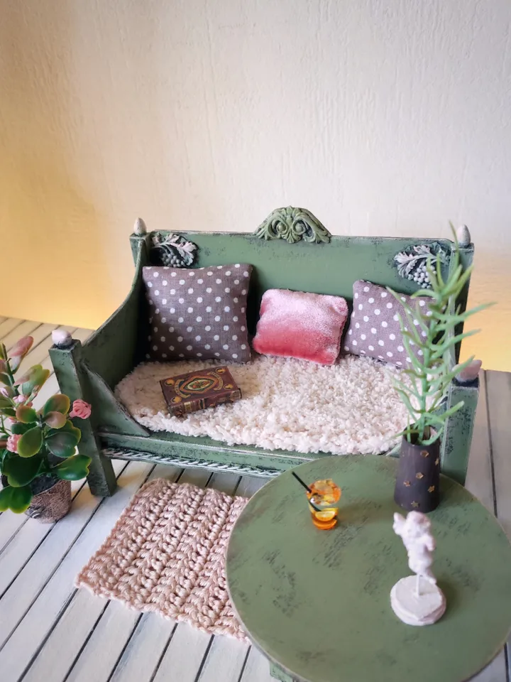 Dollhouse Furniture Set with Mint Sofa and Accessories for dolls scale 1/6