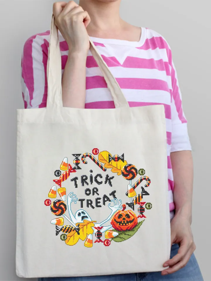 Trick or treat cross stitch pattern download PDF Halloween wreath cross stitch chart, Halloween pattern digital PDF, Candy cross stitch #H49