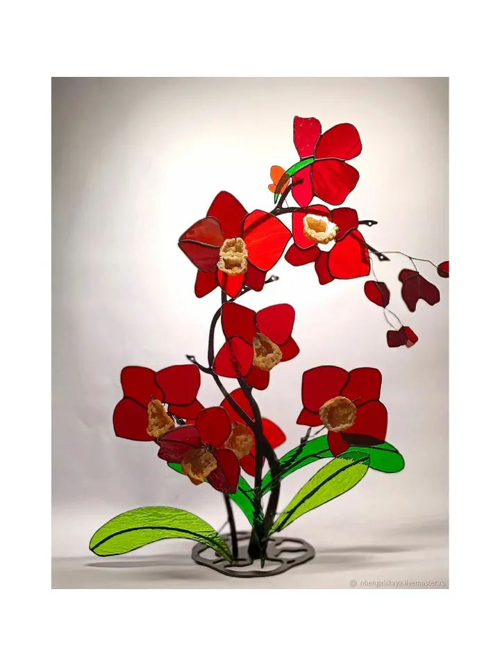 Luxurious Bouquet of Red Orchids with Agate Druzy, Tiffany Stained Glass, Stained Glass with Orchids, Stained Glass Bouquet of Flowers, Orchids in Tiffany Style, Stained Glass with Flowers