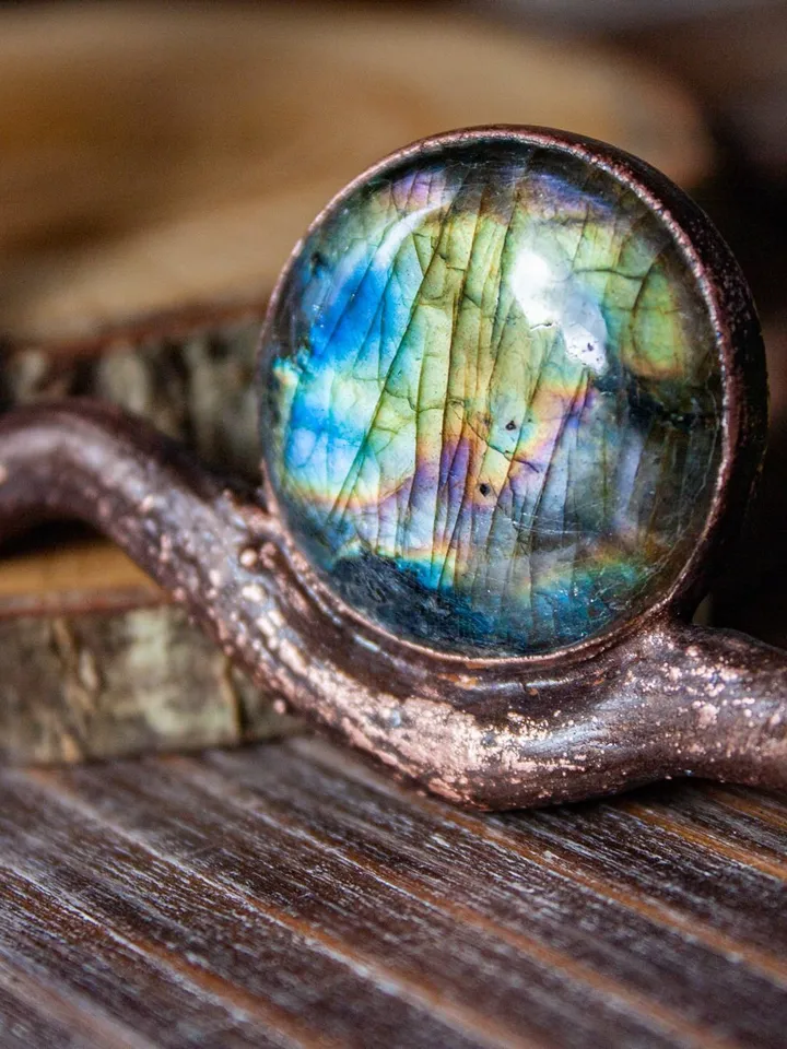 Copper pendant - choker made from natural stick using electroforming with natural labradorite stone