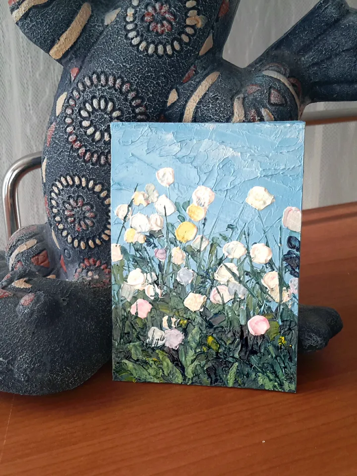 Dandelions Original Oil ACEO Painting Impasto Miniature Artwork ATC