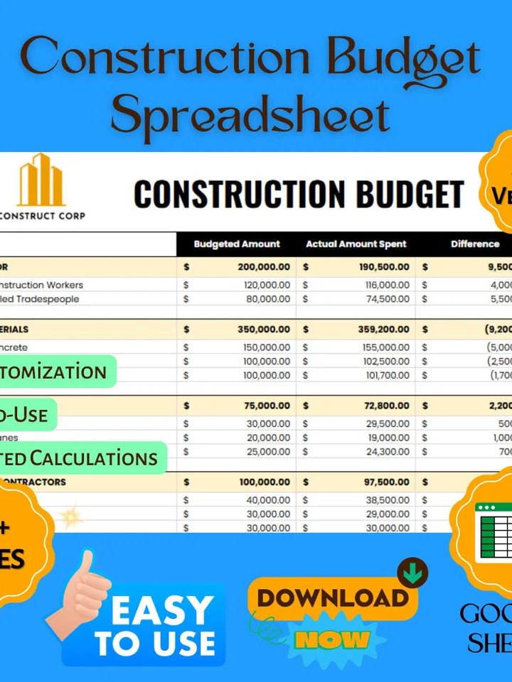 Construction Budget Spreadsheet, Editable Google Sheets Digital Download, Project Cost Tracker, Home Renovation Budget Planner