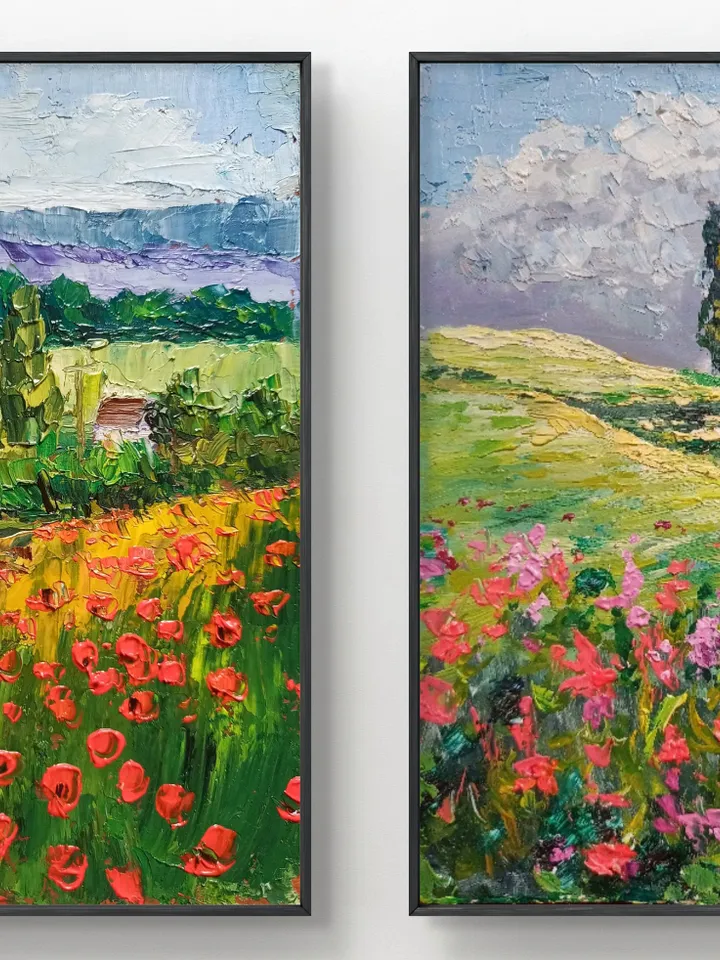 Oil painting panoramic landscape nature original painting,panoramic scenery meadow impasto painting Meadow art poppy field Gifts art impast