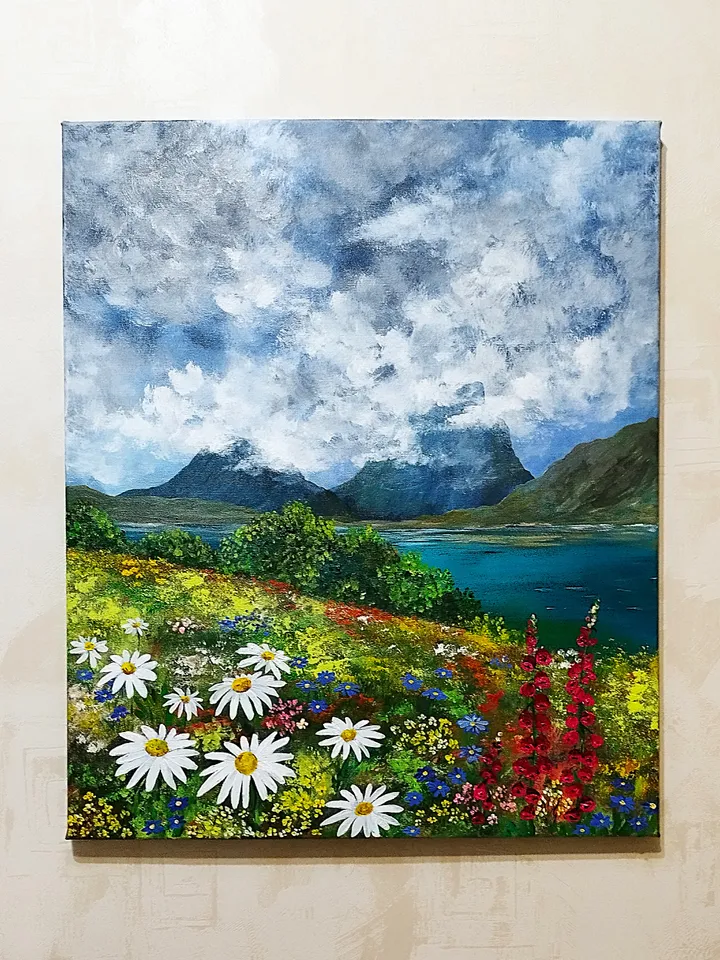Mountain Landscape Painting Wildflowers Wall Decor Art Impasto