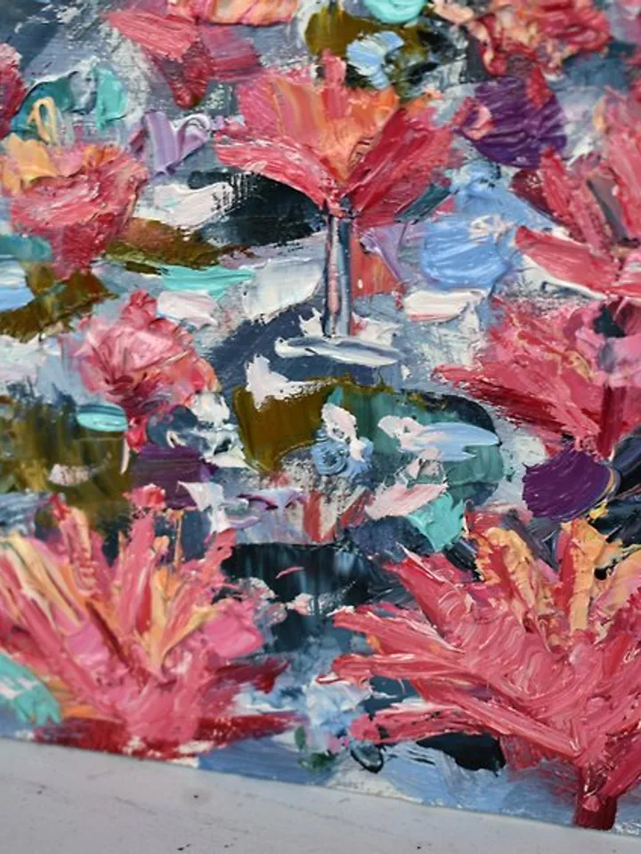 Heron Painting Thailand Original Art Red Lotus Artwork Bird Small Impasto Lake