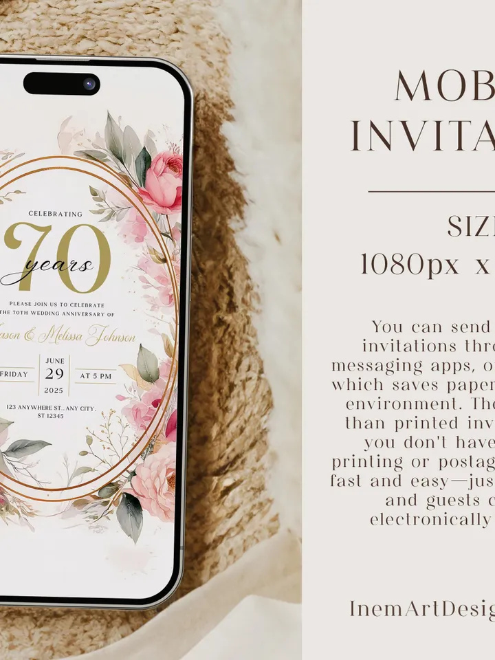70th Anniversary Party Invitation, 60th, 50th, 40th, 30th, Blush Pink Canva Template 5x7 birthday invitation & evite digital invitation