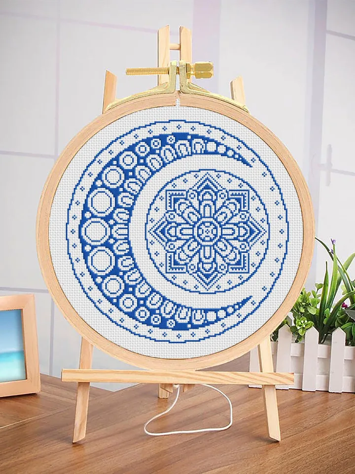 Mandala moon cross stitch pattern download PDF Monochrome mandala digital Floral ornament cross stitch chart Moon embroidery beginners #M39