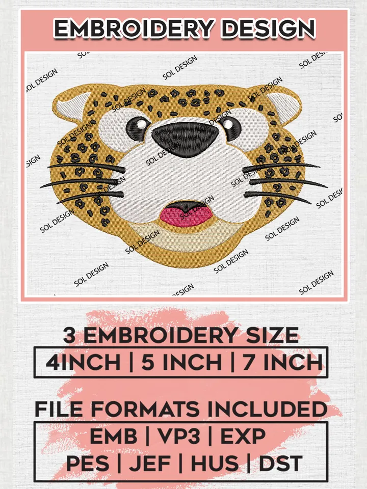 South Alabama Jaguars Team Head Mascot Logo Embroidery Design Files, NCAA South Alabama Jaguars Machine Embroidery, NCAA Teams, 3 sizes, NCAA Machine embroidery designs, Digital Download