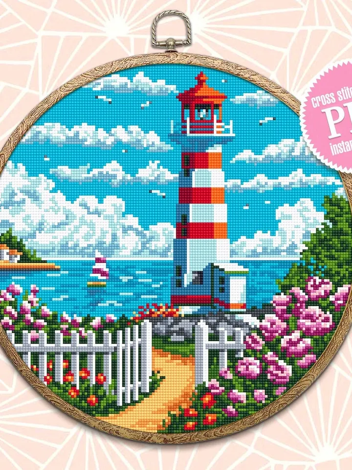 Lighthouse cross stitch pattern download PDF Nature landscape cross stitch chart Summer sea landscape pattern digital PDF Home decor #L46