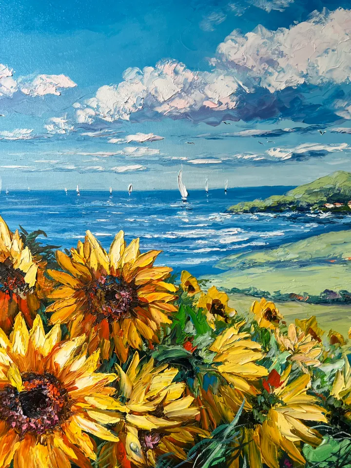 Original oil painting on canvas large artwork sunflowers fields and sea beautiful landscape realistic impasto art