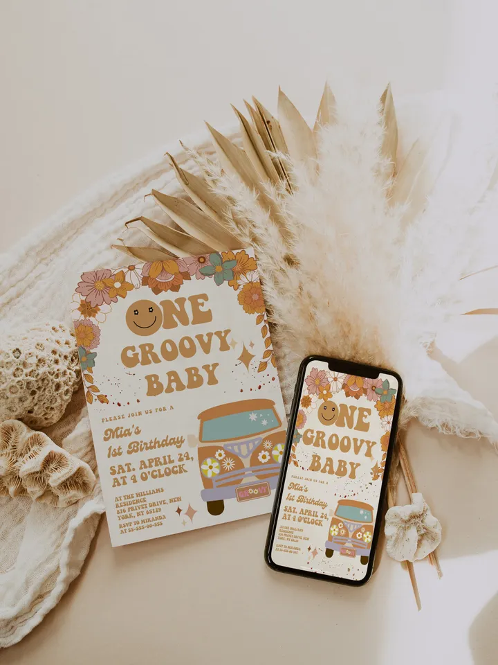 One Groovy Baby Editable Any Age Pink Groovy Van Daisy Rainbow Hippie Birthday Invitation Let's get Groovy 1st Birthday Invitation ; gr3