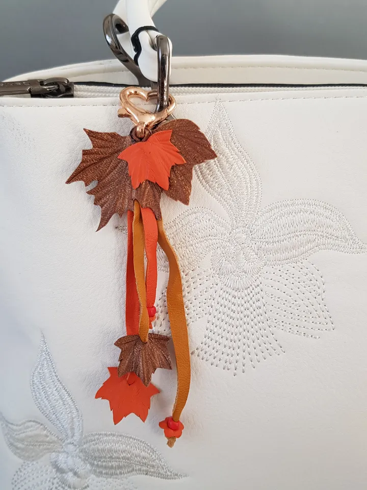 Orange maple Leaf Keychain Leather tassel charm Leather Pendant, art 11