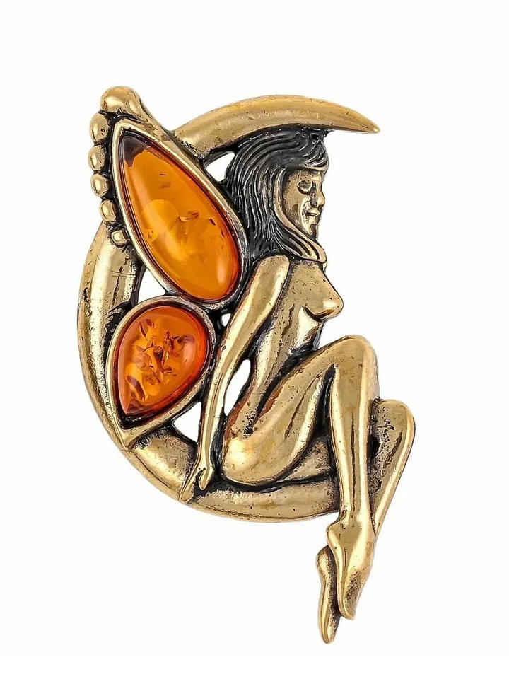 Fairy on the Moon Brooch pin on a dress jacket gift for her Unique Figure Brooch Gold Red Tone handmade jewelry vintage style Holiday Festival jewelry