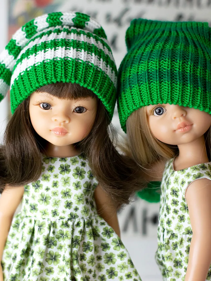 Striped green elf hat for Paola Reina doll, Meadowdolls Dumplings, Little Darling, Siblies RRFF for St Patrick's Day