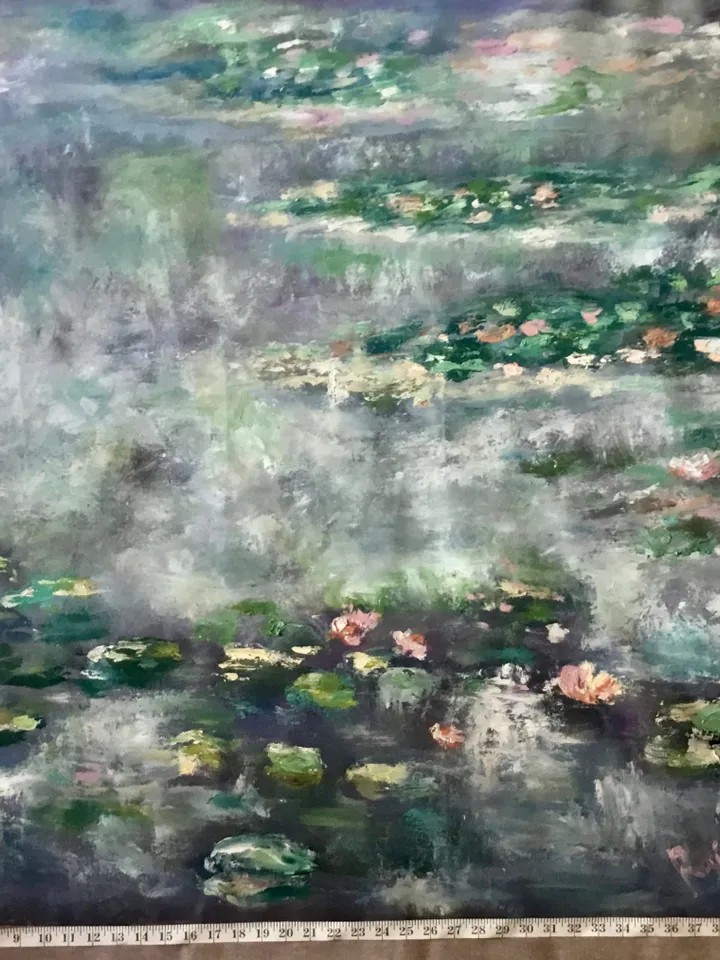 Waterlillies pond large canvas,original oil painting on unstretched canvas,Monet inspired,foggy landscape,home decoration wall hanging.