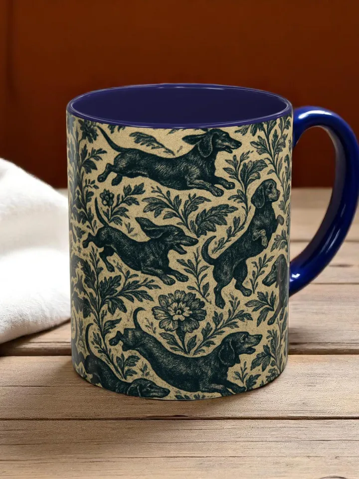 Dachshund French Toile de Jouy Ceramic Mug, Toile Coffee Cup for Doxie Mom, Sausage Dog Lover Gifts, Dog Tea Drinkware, Gift For Dog Lovers