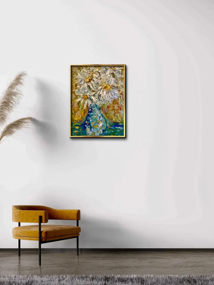 Daisies original oil impasto style painting,flowers in a vase oil painting,one of a kind original painting on 3 d canvas,flowers wall art