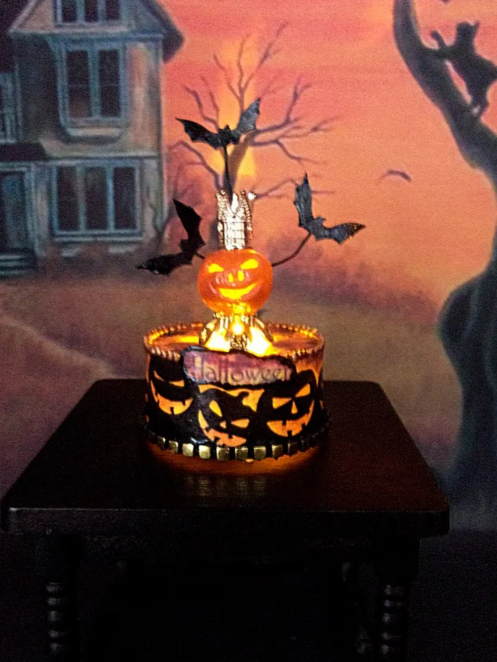 Puppet theater for Halloween. Pumpkin with illumination and bats. 1:12. dollhouse miniature. handmade.