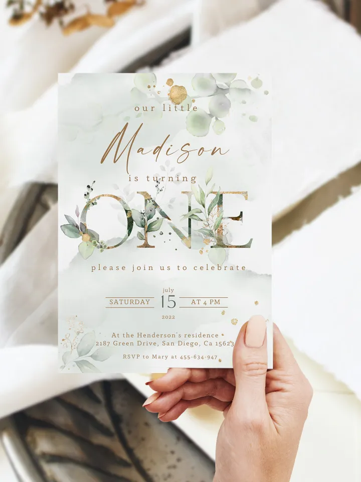 Greenery First Birthday Invitation; ONE Birthday Invitation; Wizard Baby Birthday Invite; Editable B-day invite template; Green Gold Leaves