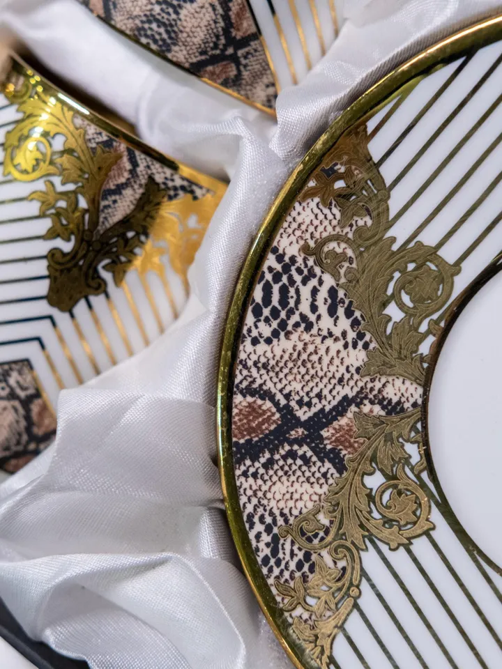 White and Gold Tea Cups and Saucers Set | Elegant White Porcelain Tea Cup Set with Golden Detailing | Elite Design Perfect Gift Idea